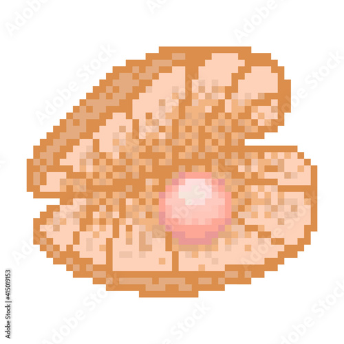 Open clam shell with pearl pixel art icon. Retro gaming scallop, clam or mussel with beaty gem vector illustration. 8 bit sea pastel clam with shining white and pink pearl on white background.  photo