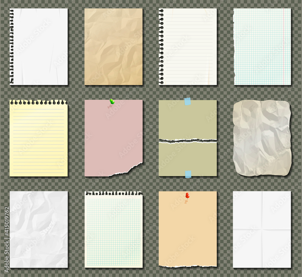 White and colorful paper sheets, notebook paper, paper sheets with torn edges on transparent background. White and colorful paper sheets, notebook paper, paper sheets with torn edges on transparent background.