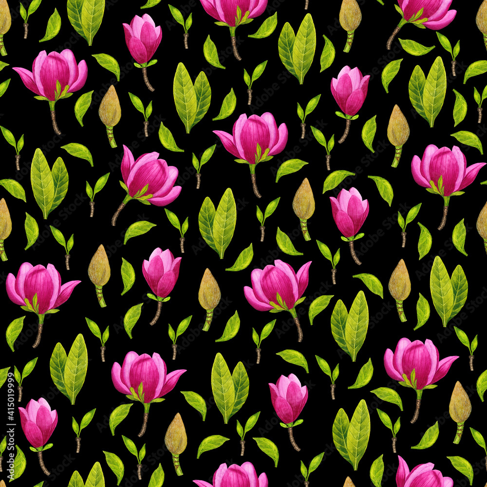 Pink Magnolia watercolor flower seamless pattern