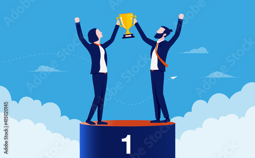 Sharing first place - Man and woman standing on podium cheering with trophy. Teamwork triumph and success concept. Vector illustration.