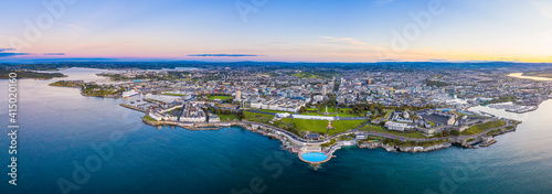 Plymouth, city skyline, Hoe Park and lighthouse, Plymouth Sound, Devon photo