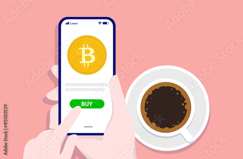 Buying bitcoin on smartphone - Hand holding phone with finger ready to click the buy button. Crypto currency investment concept. Vector illustration.