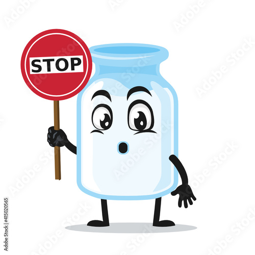 vector illustration of milk mascot holding sign says stop