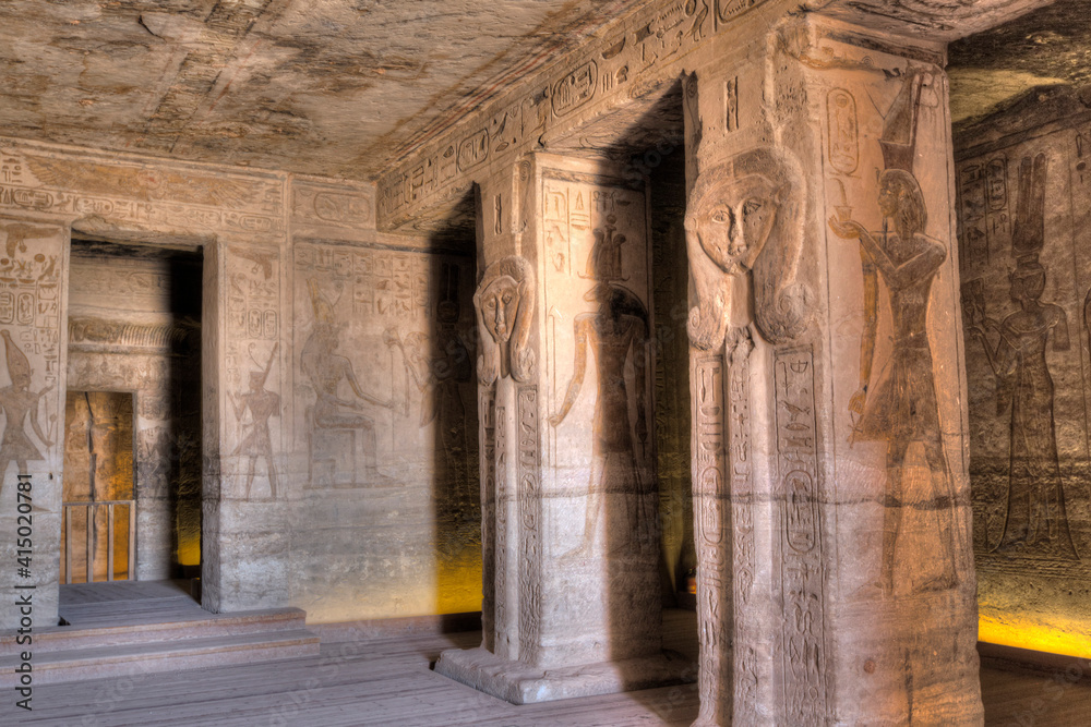 Square Pillars, Goddess Hathor head, Temple of Hathor and Nefertari, Abu Simbel, Nubia, Egypt Square Pillars, Goddess Hathor head, Temple of Hathor and Nefertari, Abu Simbel, Nubia, Egypt