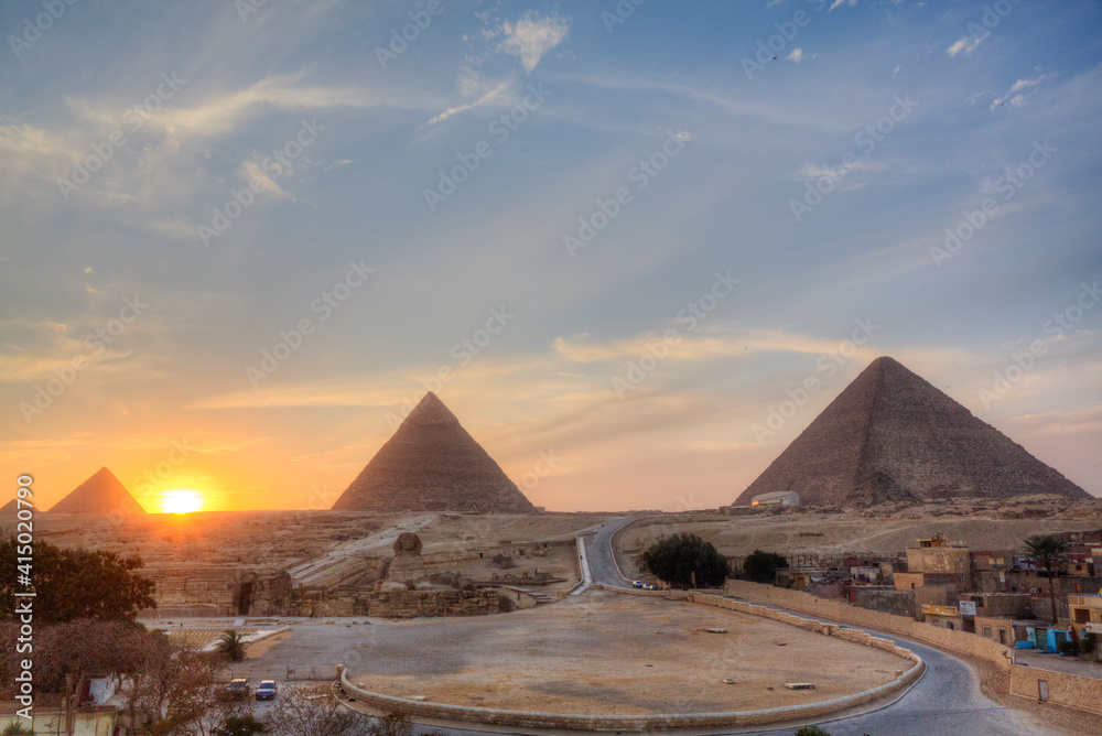 Sunset, Great Pyramids of Giza, Giza, Egypt Sunset, Great Pyramids of Giza, Giza, Egypt