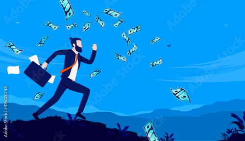 Hard worker - Businessman running with briefcase and money flying in air. Efficient and ambitious man concept. Vector illustration.