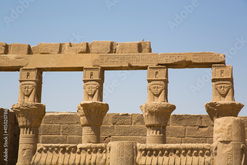 Goddess Hathor Columns, Vestibule of Nectanebo, Temple of Isis, Philae Island, Aswan, Nubia, Egypt photo