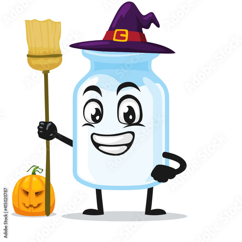 vector illustration of milk mascot wearing witch costume and holding broom