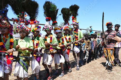 Adivasi tribal men, faces and bodies decorated, wearing ornate headgear, dancing to celebrate Holi festival, Kavant, Gujarat, India photo