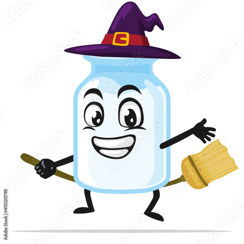 vector illustration of milk mascot wearing witch costume and ride flying broom