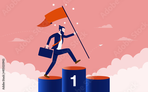 Ambitious man going for top position - Businessman with flag running up podium to first place. Promotion and ladder of success concept. Vector illustration.
