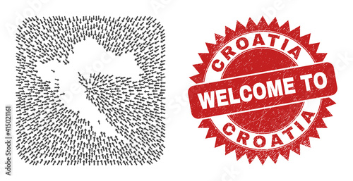 Vector mosaic Croatia map of moving arrows and rubber Welcome badge. Mosaic geographic Croatia map constructed as carved shape from rounded square using moving arrows.