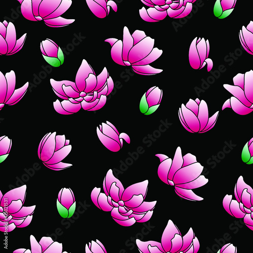 Simple vector pattern with magnolias on black background. Nature background for textile, print and wallpaper.