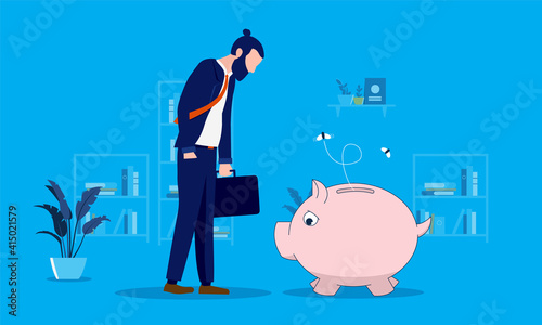 Poor businessman - Man standing in front of empty piggy bank feeling sad. Male financial problem concept. Vector illustration.