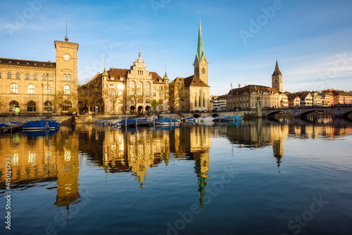 Zurich city's historical Old town facing Limmat river, Switzerland