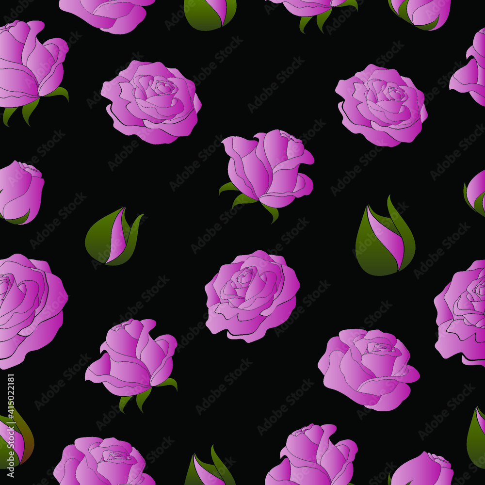 Simple vector pattern with roses on black background. Floral  gradient ornament.
