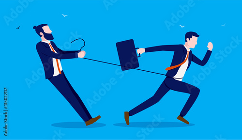 Being held back - Businessman holding a man in rope preventing him from doing work. Employee restraint concept. Vector illustration.