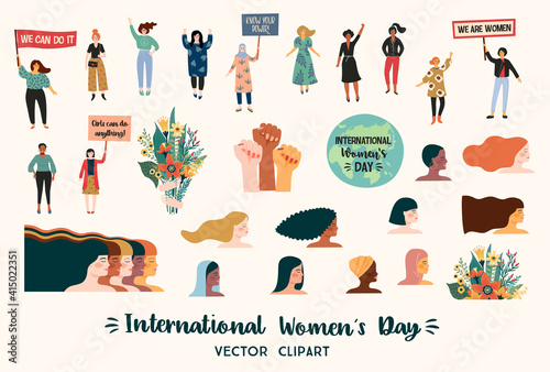 International Womens Day. Vector clipart with women different nationalities and cultures.