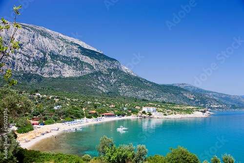 Samos island, panoramic view of Limnionas beach, in Aegean sea, Greece.