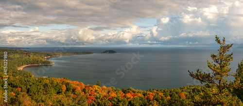 Awesome Autumn panorama of Lake Superior from the Sugarloaf Mountain Overlook near Marquette Michigan - Upper Peninsula