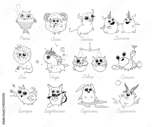 Set of 12 funny doodle zodiac icons on white background. Astrology horoscope with signs. Calendar template. Libra Scorpio Sagittarius Capricorn Aquarius Pisces. Aries Taurus Gemini Cancer Leo Virgo.