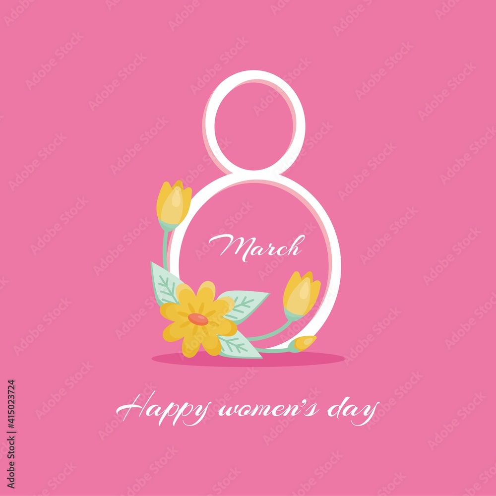 Vector International Women's Day greeting card. 8 March sign with the decor of spring plants, leaves and flowers.