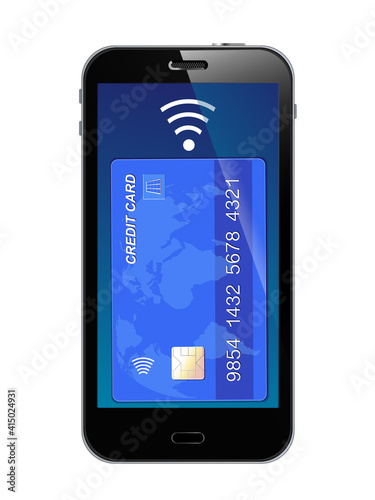 Mit Kredit Karte per NFC bezahlen mit Smartphone,
Vektor Illustration isoliert auf weißem Hintergrund

