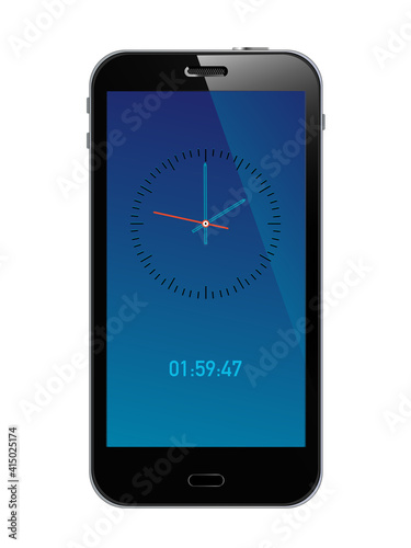Smartphone in schwarz mit Bahnhofs-Uhr, Handy, Vektor Illustration isoliert auf weißem Hintergrund 