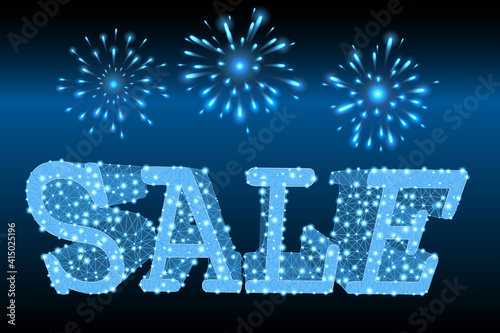 Sale text with lighting mesh and fireworks on dark background