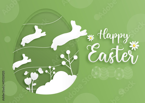Happy Easter greeting card, poster,  Vector layered paper cut with bunny and flower.