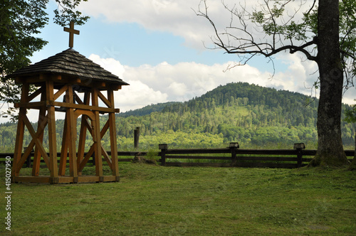 bell, old bell tower, the green mountain landscape