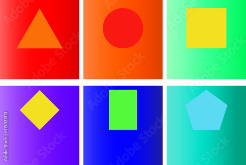 geometric shapes on colored backgrounds and their names for education