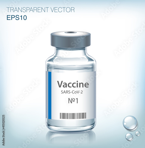 The medical concept with vaccine bottle(s).  Transparent vector ampoule on blue background