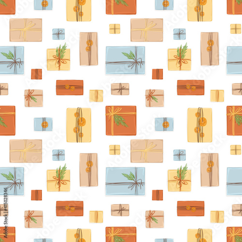Merry Christmas and a happy new year! Seamless pattern for the winter holidays: yellow, orange, blue, beige gifts with fir branches. Isolated objects for a wrapping paper, textile or postcard