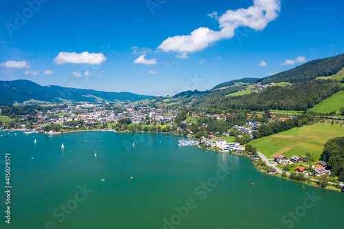 Aerial of Mondsee village on the lake photo