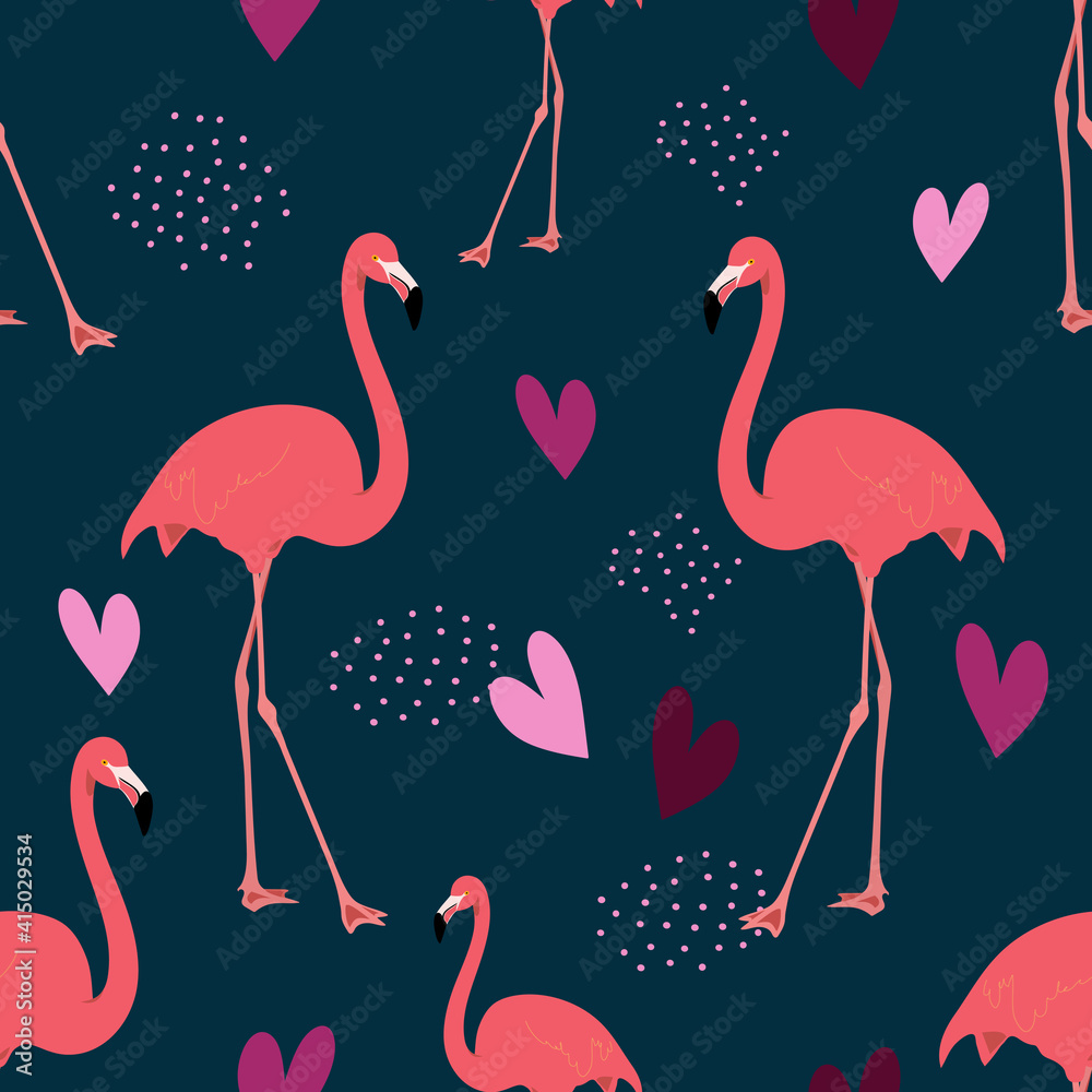 Obraz premium Seamless pattern with exotic pink flamingos on a dark blue background. Birds for printing on fabric, textiles, paper, bedding. Vector graphics.