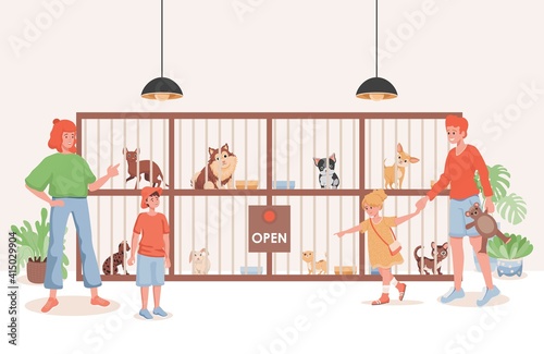 Pet shelter or animal shop vector flat illustration. Family choosing domestic pet to buy or shelter in family. Cute dogs, cats and rabbits in cages. Mother and father with children in pet store.
