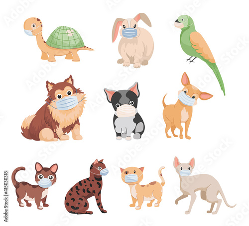 Set of cute little domestic pets in medical masks vector flat illustration isolated on white background. Dogs  cats  rabbit  parrot and turtles. Domestic animals concept for veterinary clinic.
