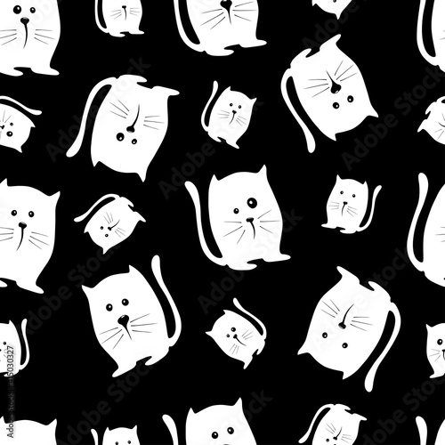 White cartoon cats on a black background. Seamless pattern