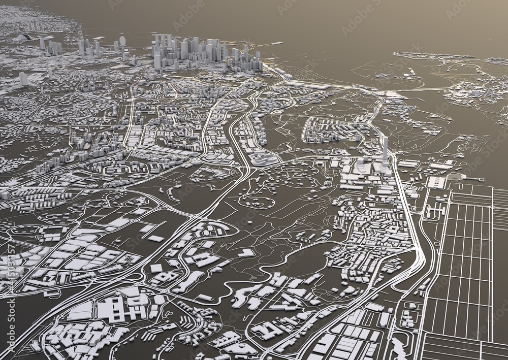 huge city top view. illustration in casual graphic design. fragments of Singapore 3d render