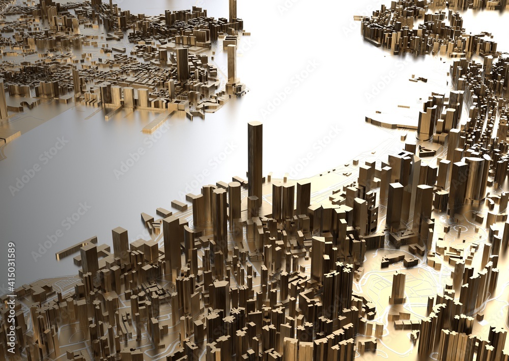 big golden city. illustration in casual graphic design. fragment of hong kong 3d render