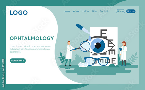 Ophthalmology Clinic Advertisement Concept Illustration In Cartoon Flat Style. Blue Background With Text. Internet Webpage Interface Layout With Doctors Characters In White Robes, Big Eye, Glasses