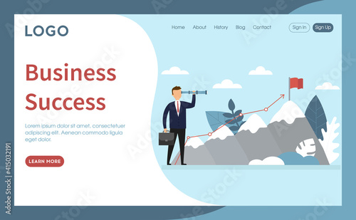 Conceptual Illustration Of Business Success Idea. Vector Composition In Flat Cartoon Style. Internet Website Layout With Writings And Buttons. Businessman In Suit Standing Near Mountains With Flag Aim