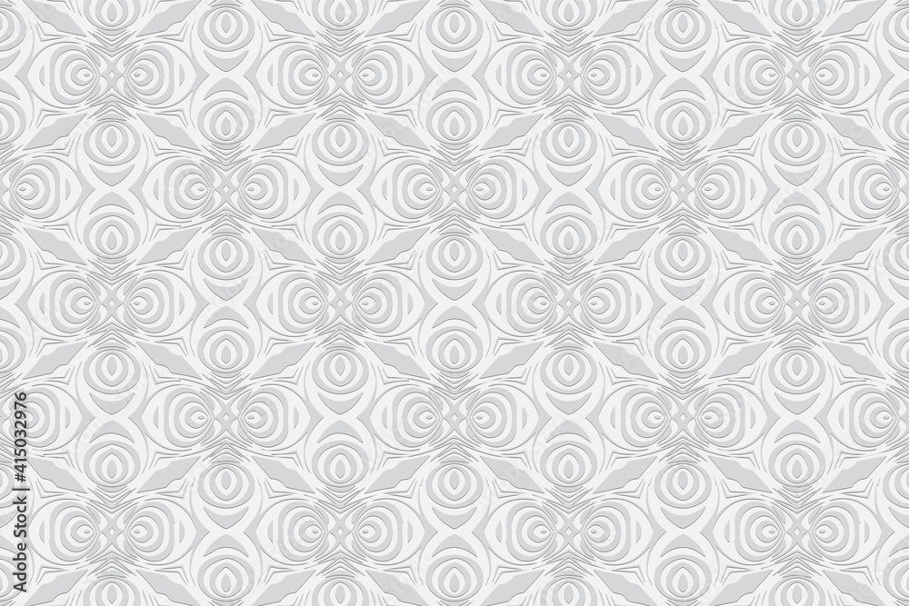 Geometric convex volumetric 3D texture from African, Mexican, Aztec patterns. Figurative white background. Ethnic embossed ornament for wallpaper, presentations.