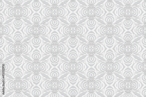 Geometric convex volumetric 3D texture from African, Mexican, Aztec patterns. Figurative white background. Ethnic embossed ornament for wallpaper, presentations.