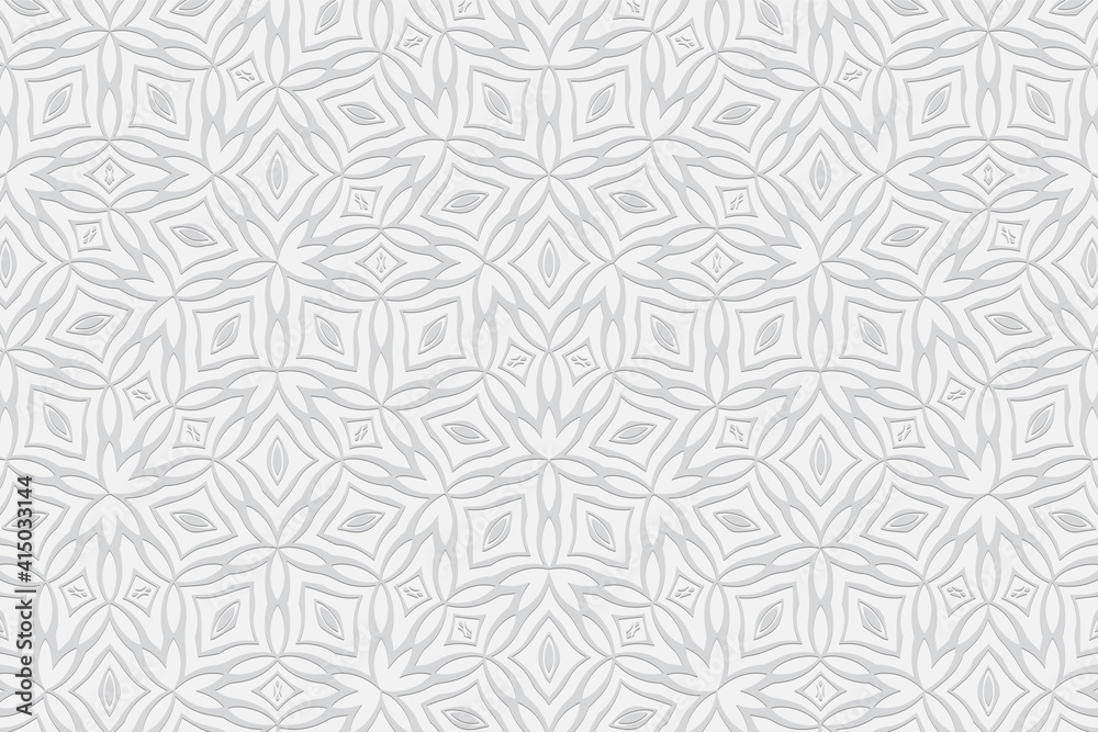 Geometric gentle convex volumetric 3D texture. Curly white background for design, wallpaper. Ethnic openwork embossed ornament.