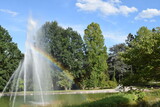 Fountain causing a rainbow in Killesbergpark, Stuttgart, Germany