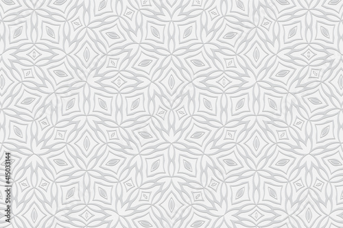 Geometric gentle convex volumetric 3D texture. Curly white background for design, wallpaper. Ethnic openwork embossed ornament.