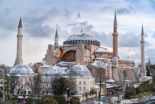 Hagia Sophia Mosque in winter with snow in istanbul, Turkey. Snow storm in Turkey. 