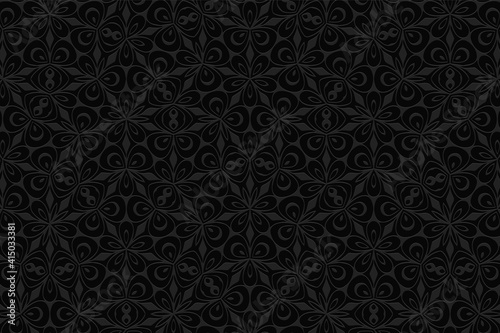 Geometric convex volumetric 3D texture. Curly black background with a relief original ornament of ethnic elements and figures for presentations, websites.